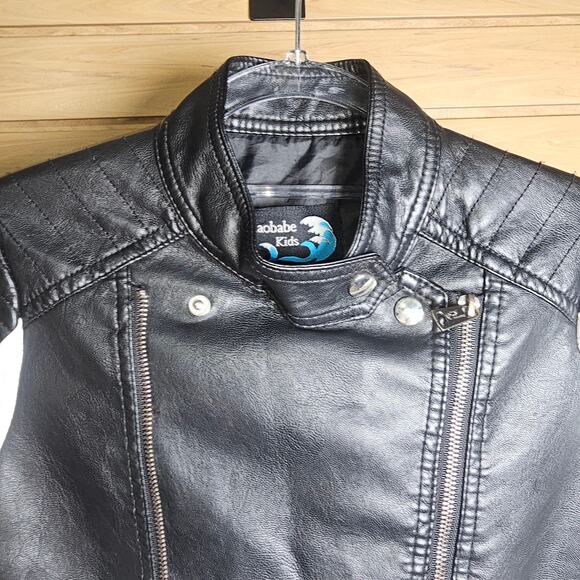 Botaobabe Kid Moto Jacket Color Block Quilted Sleeves Faux Leather Girls Jacket - Picture 4 of 10